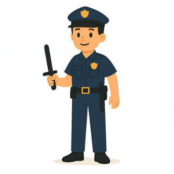 Cartoon Police Officer Holding Baton &ndash; Flat Style Full-Body Law Enforcement Character