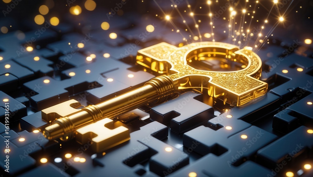Poster golden key on a dark textured surface with glowing effects and sparkles surrounding it