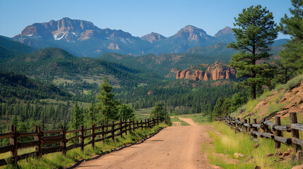 Naklejka premium A dirt road with wooden fence leading to mountains in the distance.