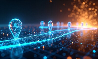 A glowing digital path marked by luminous blue location pins, surrounded by sparkling data particles, illustrates a futuristic network journey.