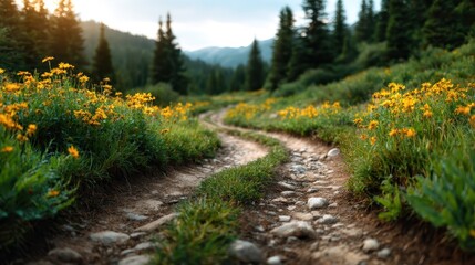 A picturesque winding path adorned with vibrant wildflowers, leading through a lush landscape filled with trees, mountains, and inviting natural beauty.