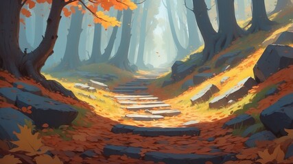 Abandoned trail surrounded by fallen leaves.