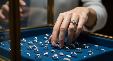 Close-up of a jeweler's hand selecting a ring from a display case filled with various diamond and gemstone rings, showcasing jewelry, luxury, and retail