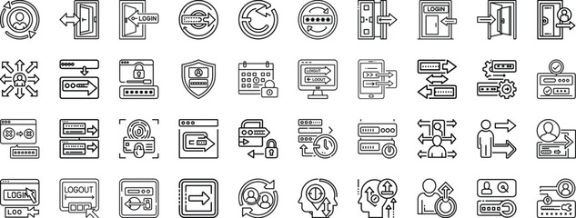 Modern Line Art Icons: Secure User Login, Access, and Data Transfer Processes