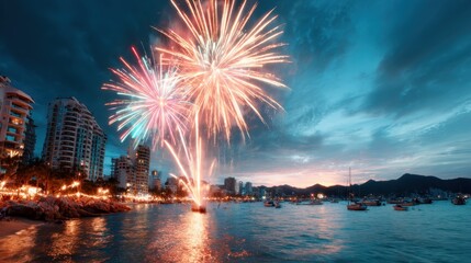 A stunning coastal cityscape illuminated by colorful fireworks against a night sky, creating a vibrant and festive atmosphere perfect for celebrations and joy.