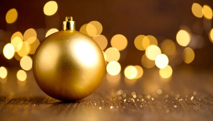 Golden Christmas ball on wooden surface with blurred lights