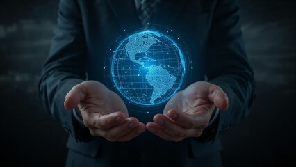 Man holding glowing digital globe with data connections in his hands
