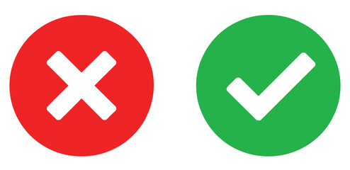 Red circle with white “X” and green circle with white check mark—minimalist approval and error icons for UI, feedback, and instructional design 