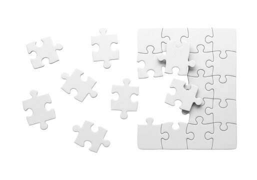 White, blank jigsaw puzzle pieces partially assembled on the right, with scattered pieces on the left, isolated against a transparent background with ample copy space, top-down view, even shadowless