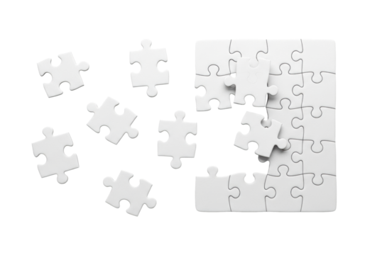 White, blank jigsaw puzzle pieces partially assembled on the right, with scattered pieces on the left, isolated against a transparent background with ample copy space, top-down view, even shadowless