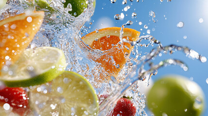 Fresh fruits splash in water, showcasing vibrant colors and refreshing energy. scene captures essence of summer and vitality