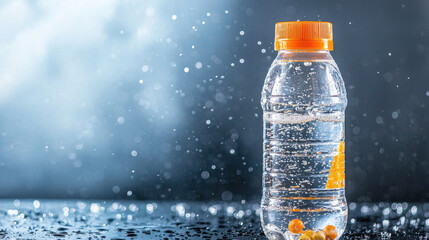 Refreshing sports drink bottle with hydration formulation, droplets glistening in light, perfect for athletes