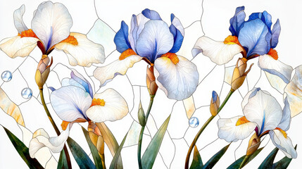 Stylized irises in stained glass style, showcasing vibrant colors and intricate details, evoke sense of beauty and elegance