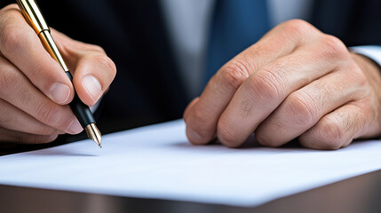 Close up of person writing with pen on blank sheet of paper, showcasing focus and professionalism
