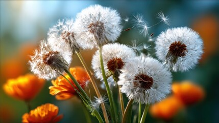 Obraz premium A cluster of fluffy dandelions stands gracefully among blooming orange flowers, symbolizing beauty, resilience, and the transient nature of life in a vibrant garden setting.