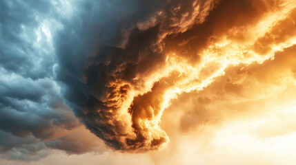 Dramatic thunderclouds swirl above vibrant sunset, creating stunning contrast of colors and emotions