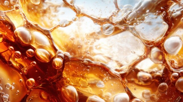A captivating close-up view of bubbles in a fizzy beverage, depicting the dynamic interplay of light and colors within the carbonated drink as it effervesces in motion.