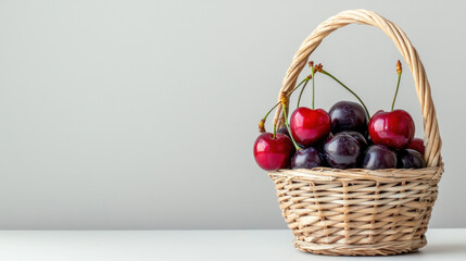 Vintage basket filled with fresh cherries, showcasing vibrant colors and rustic charm. scene evokes sense of abundance
