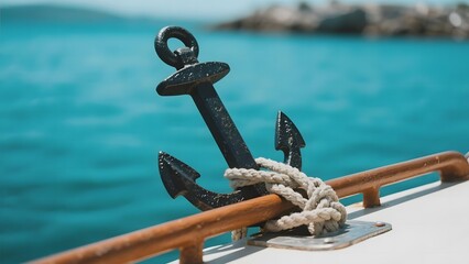 Anchor Resting on Boat Rail with Turquoise Water Background