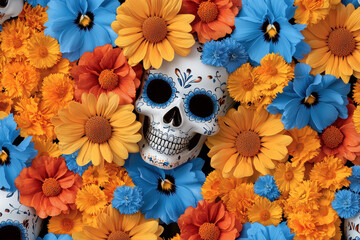 Vivid sugar skull surrounded by vibrant blue and orange flowers, creating festive and colorful atmosphere
