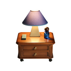 Nightstand with lamp, perfume, and remote control. Cozy bedroom interior, home decor, relaxation concept.