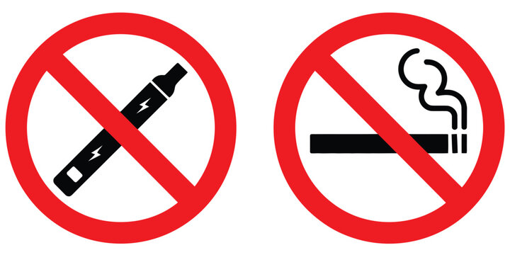 Red prohibition symbols over smoking cigarette and vape—universal black and white icon indicating no smoking and no vaping in restricted areas 