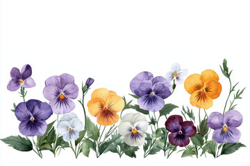 Watercolor botanical illustration of colorful pansy flowers in various shades, showcasing their beauty and delicate details