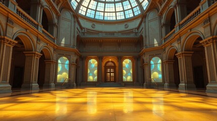 Grand hall bathed in light featuring arches columns  a domed ceiling Art installations adorn windows