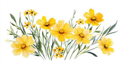 Watercolor botanical illustration of vibrant yellow flowers and green foliage, showcasing nature beauty and elegance