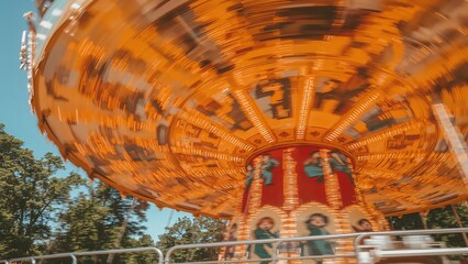 Spinning amusement park ride with bright orange lights and blurred motion