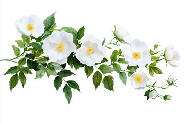 Watercolor botanical illustration of white flowers with green leaves, showcasing natural beauty and elegance