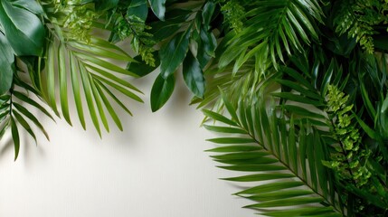 Obraz premium A vibrant arrangement of lush green leaves creates a natural frame for an abstract background, symbolizing growth, tranquility, and the refreshing essence of nature's beauty.