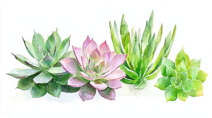Watercolor botanical illustration of various succulent plants showcasing vibrant colors and intricate details