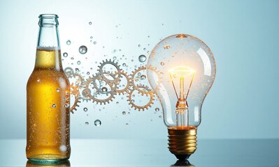 A glass bottle of bubbly beverage next to a glowing lightbulb, connected by water droplets and spinning gears, symbolizes innovative ideas and refreshing ingenuity.