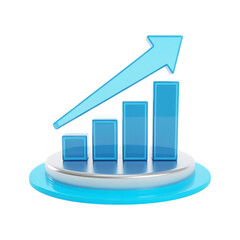 3D rendering of a blue upward trending bar graph symbolizing growth, progress, success, and financial increase.