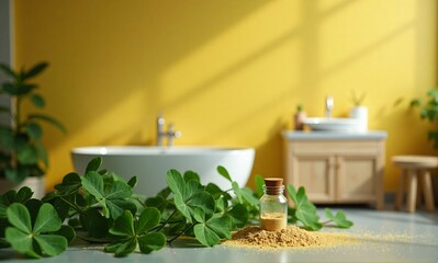 A serene bathroom scene with lush green plants, a bathtub, and a small bottle of granular substance.