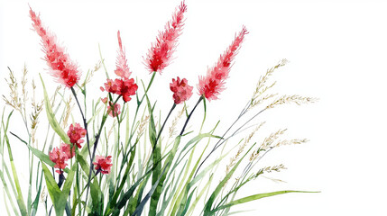 Watercolor botanical illustration featuring vibrant red flowers and green foliage, evoking sense of tranquility and beauty