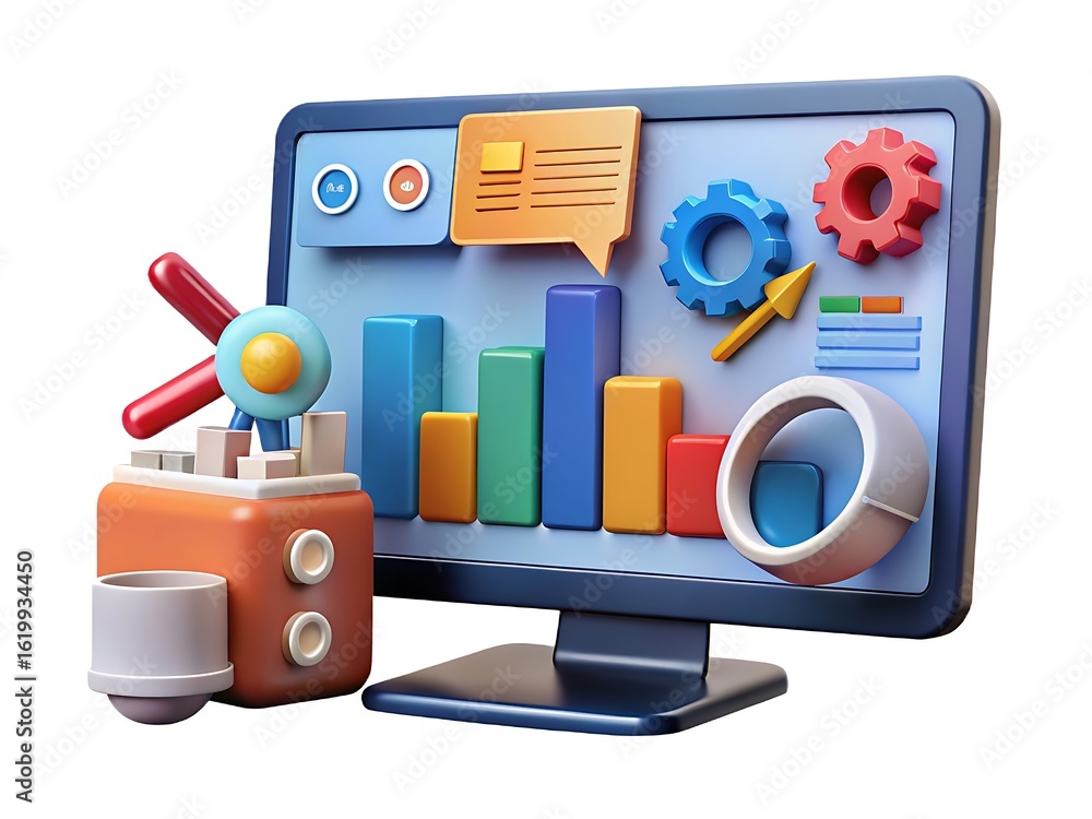Poster 3d illustration of a computer screen displaying business analytics and data visualization charts