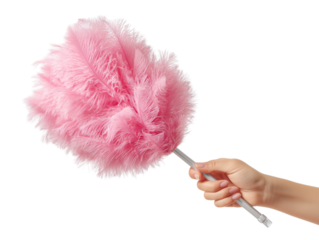 A delicate pink feather duster held gently by a person's hand, highlighting the concept of cleanliness and care.