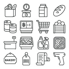 Minimalist grocery store icons: cart, basket, bread, milk, scale, checkout
