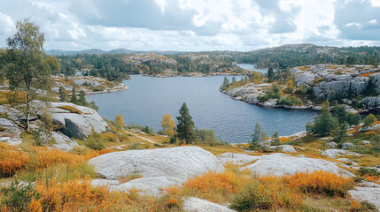 A high-angle view of a lake surrounded by rocks and trees in autumn.