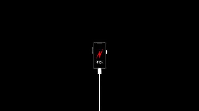 Mobile charging with battery charge indicator and USB cable plug animation.Smartphone fast charging 0 to 100% animation.