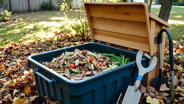 Backyard composting bin filled with organic waste