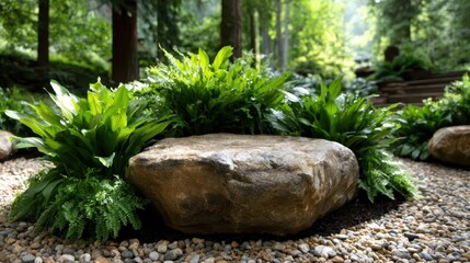 A tranquil garden surrounded by lush greenery and a prominent stone, offering a peaceful retreat and a connection to nature in a serene forest setting.