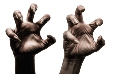 Two Creepy Monster Hands with Sharp Nails in Clawing Pose Isolated on Transparent Background