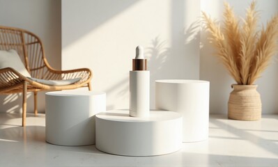 A minimalist beauty product display with natural textures, soft lighting, and an airy, serene aesthetic.
