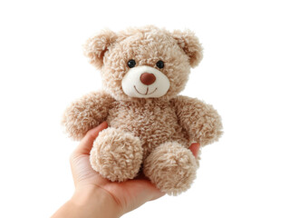 A tender close-up shows a hand delicately cradling a soft, plush teddy bear