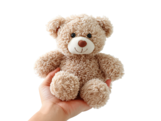 A tender close-up shows a hand delicately cradling a soft, plush teddy bear