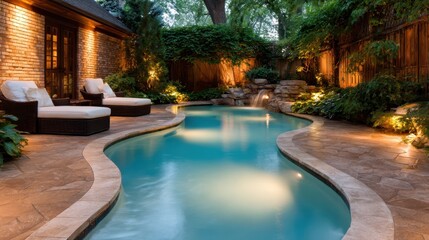 Fototapeta premium A beautifully illuminated backyard pool area framed by lush greenery creates a serene oasis perfect for relaxation and outdoor gatherings under the evening sky.