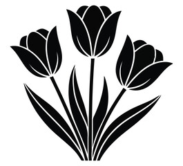  Minimalist black and white silhouette of three tulips with pointed leaves—elegant floral design ideal for decor, spring, and botanical themes